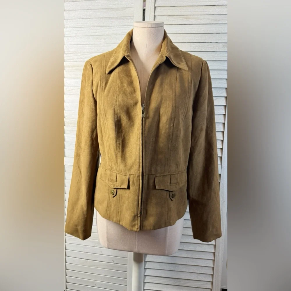 Tribal Faux Suede Tan Zip Jacket Western Boho Chic Lightweight Size 8